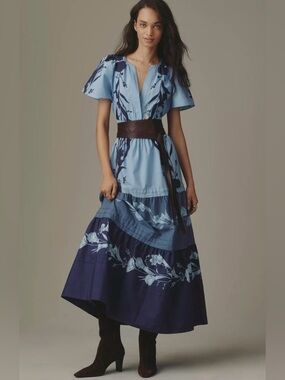 NWT Anthropologie Somerset Blue Floral Maxi Dress Size L